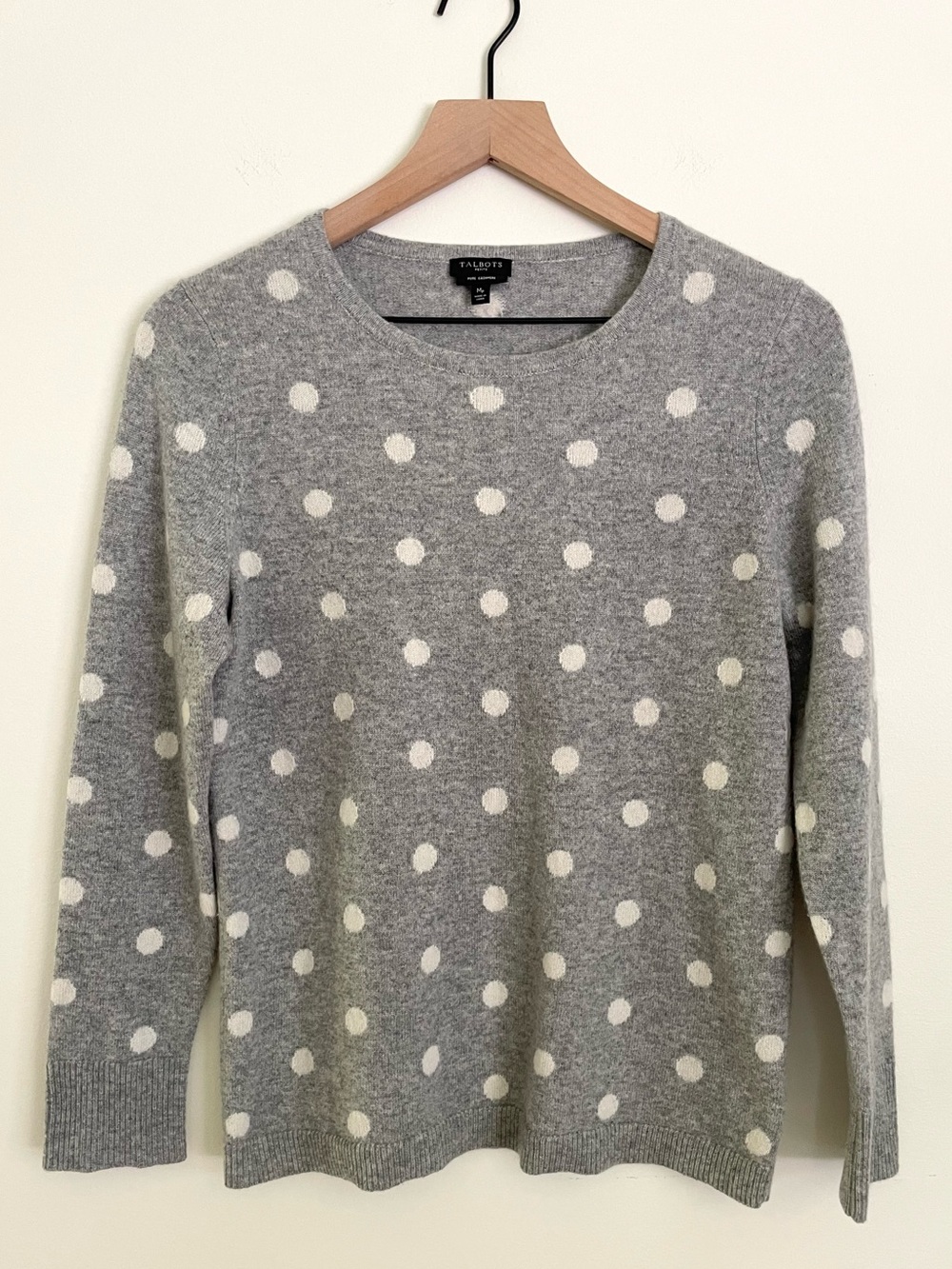 Talbots Cashmere Gray and White Polka Dot Crewneck Sweater